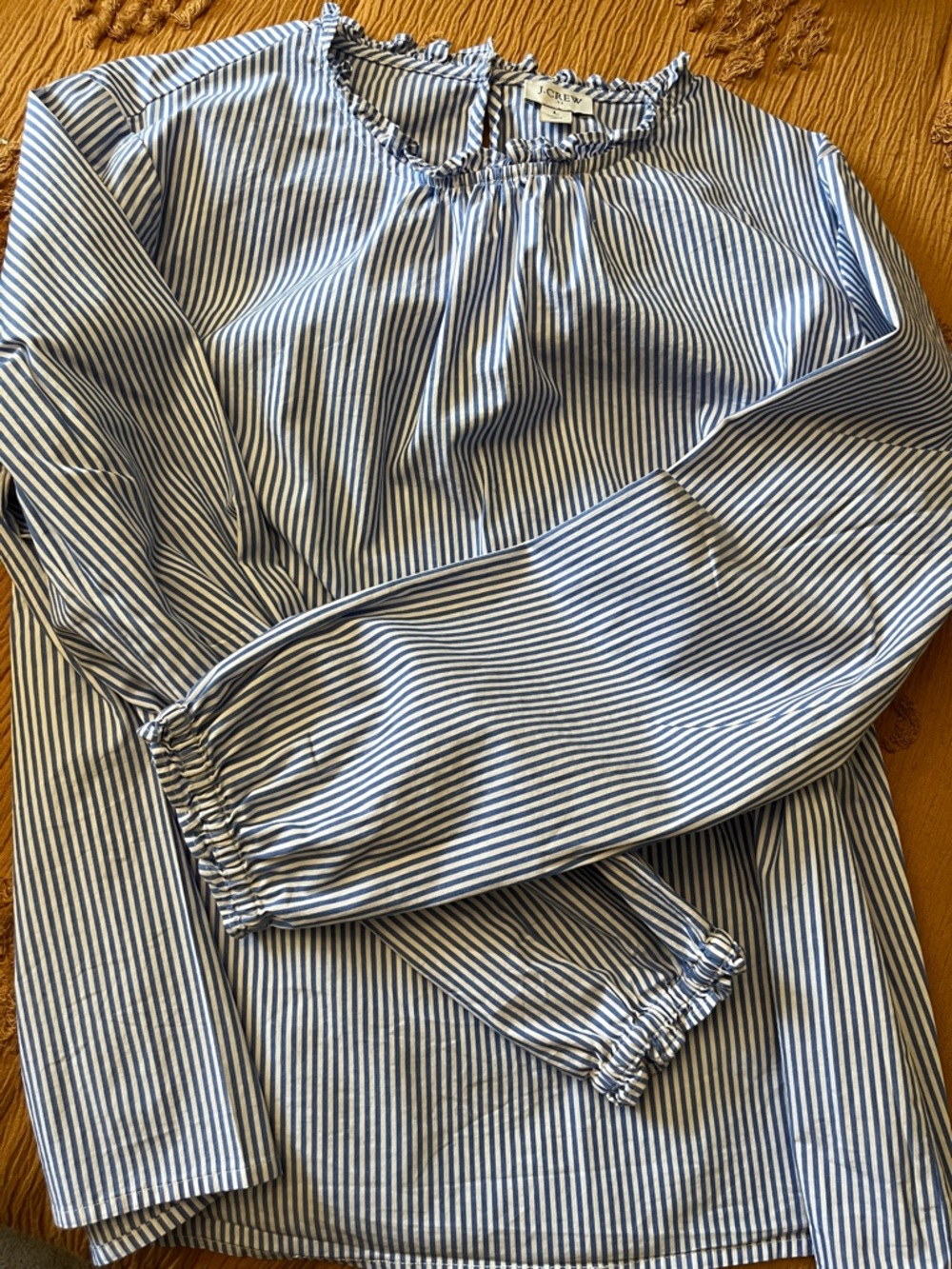 J. Crew Blue and White Striped Ruffle-Neck Peasant Blouse